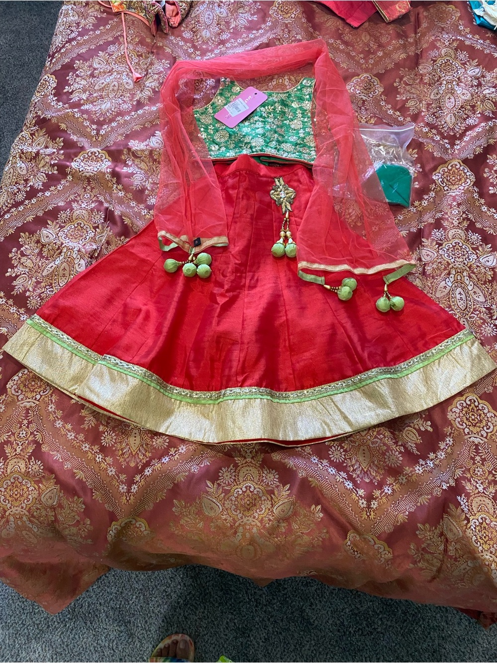 Red & Green Kids Lehenga Choli with Gold Trim